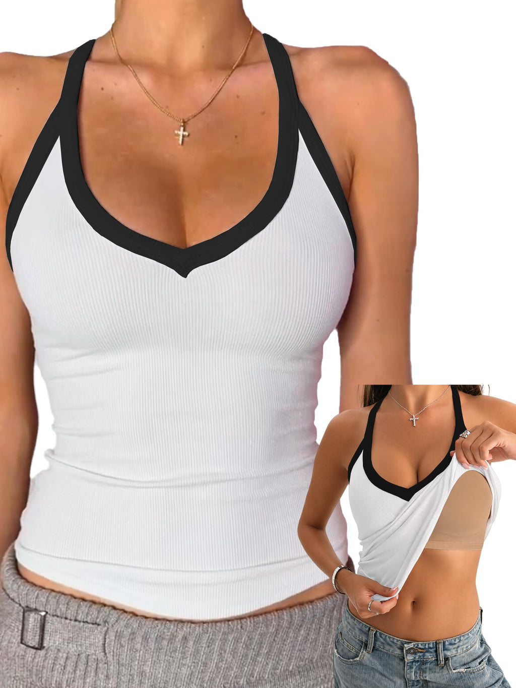 Danysu V Neck Cotton Tank Top with Built-in Shelf Bra Racerback Fitted Cami