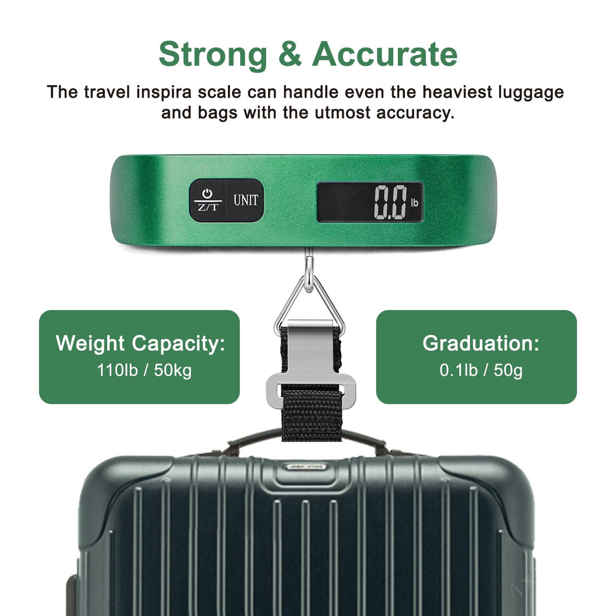 travel inspira Digital Luggage Scale – Portable Hanging Suitcase Weight Scale for Travel, 110 lb Capacity, Backlit LCD Display, Prevents Airport Overweight Fees, Battery Included