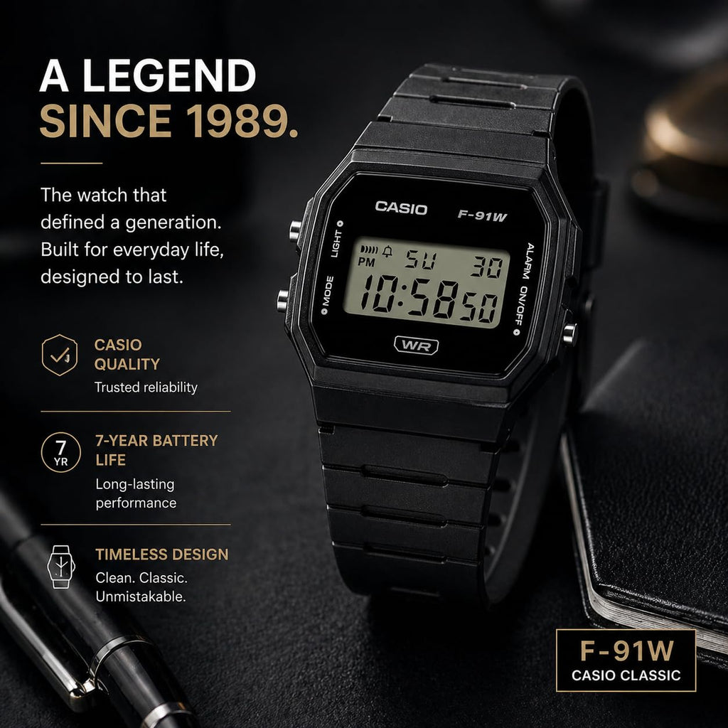 Casio F91W Series | Digital Watch | Water Resistant | LED Light | 1/100 SEC Stopwatch | Regular Time Keeping (HR, Min, SEC, PM, Date, Day) | Daily Alarm | Lightweight | 7 Year Battery