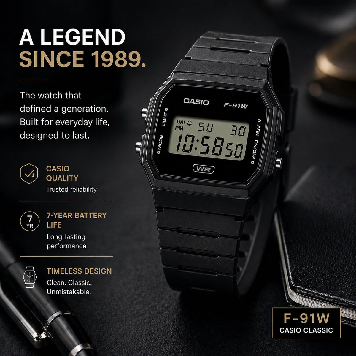 Casio F91W Series | Digital Watch | Water Resistant | LED Light | 1/100 SEC Stopwatch | Regular Time Keeping (HR, Min, SEC, PM, Date, Day) | Daily Alarm | Lightweight | 7 Year Battery