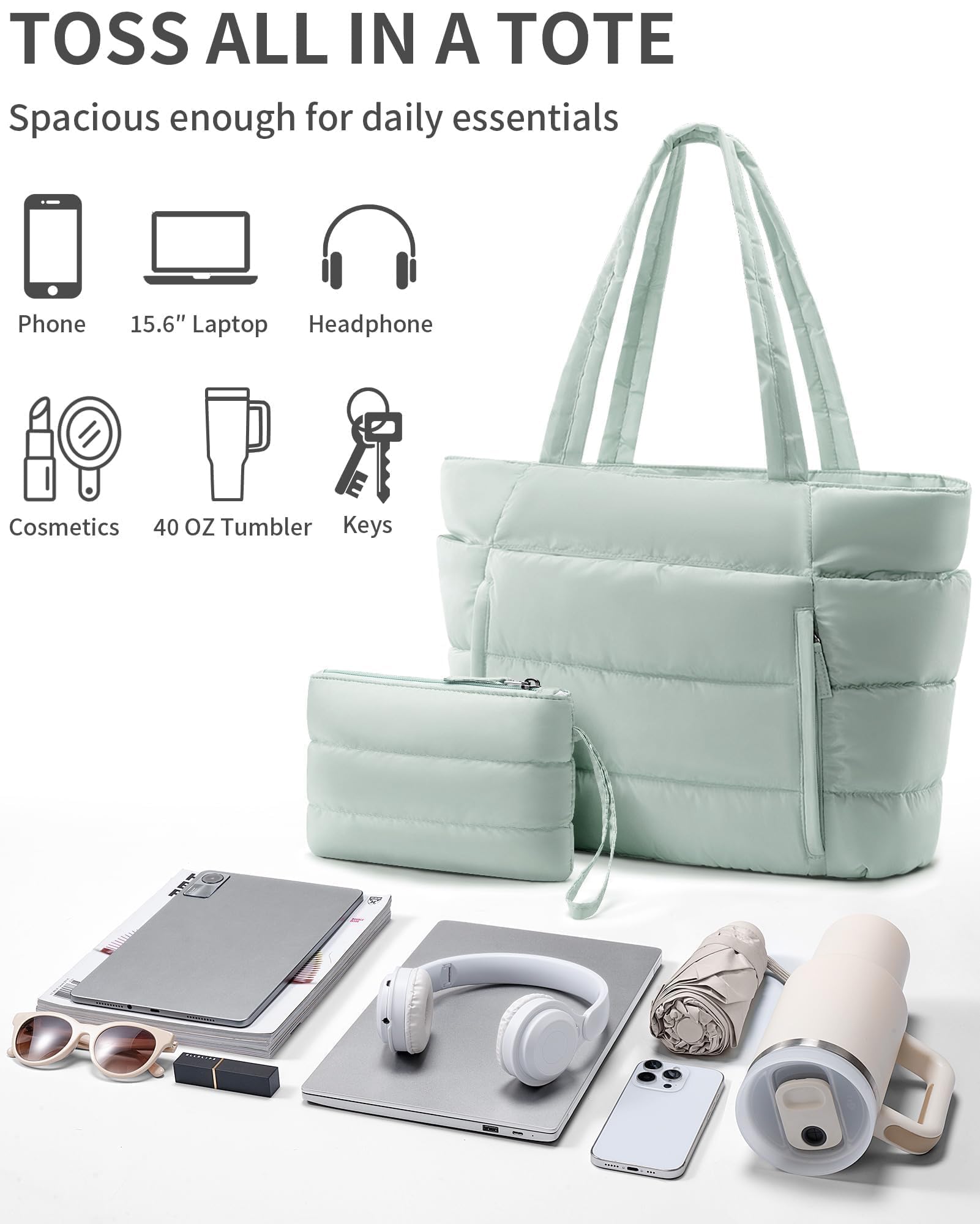 Bagstellar Puffer Tote Bag for Women, Lightweight Puffy Travel Gym Work Bag