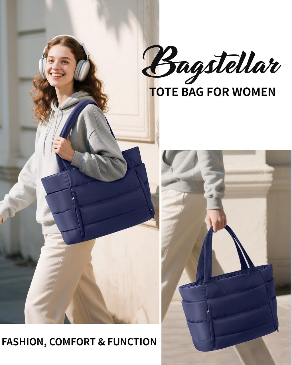 Bagstellar Puffer Tote Bag for Women, Lightweight Puffy Travel Gym Work Bag