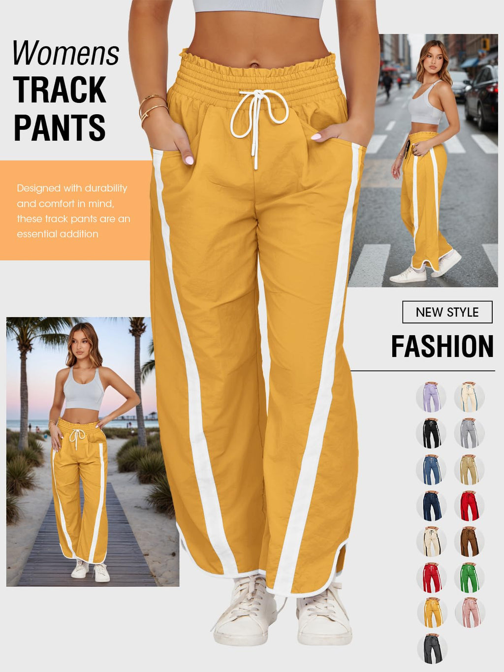 Fisoew Women's Baggy Wide Leg Pants Casual Drawstring Elastic Waisted Contrast Color Workout Y2K Track Pants