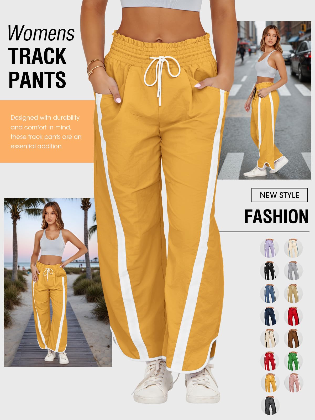 Fisoew Women's Baggy Wide Leg Pants Casual Drawstring Elastic Waisted Contrast Color Workout Y2K Track Pants