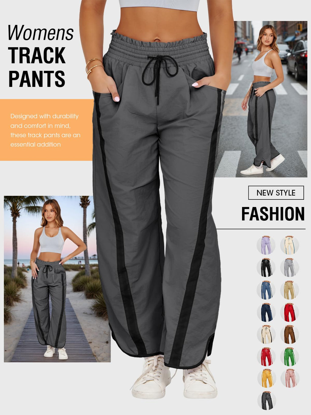 Fisoew Women's Baggy Wide Leg Pants Casual Drawstring Elastic Waisted Contrast Color Workout Y2K Track Pants