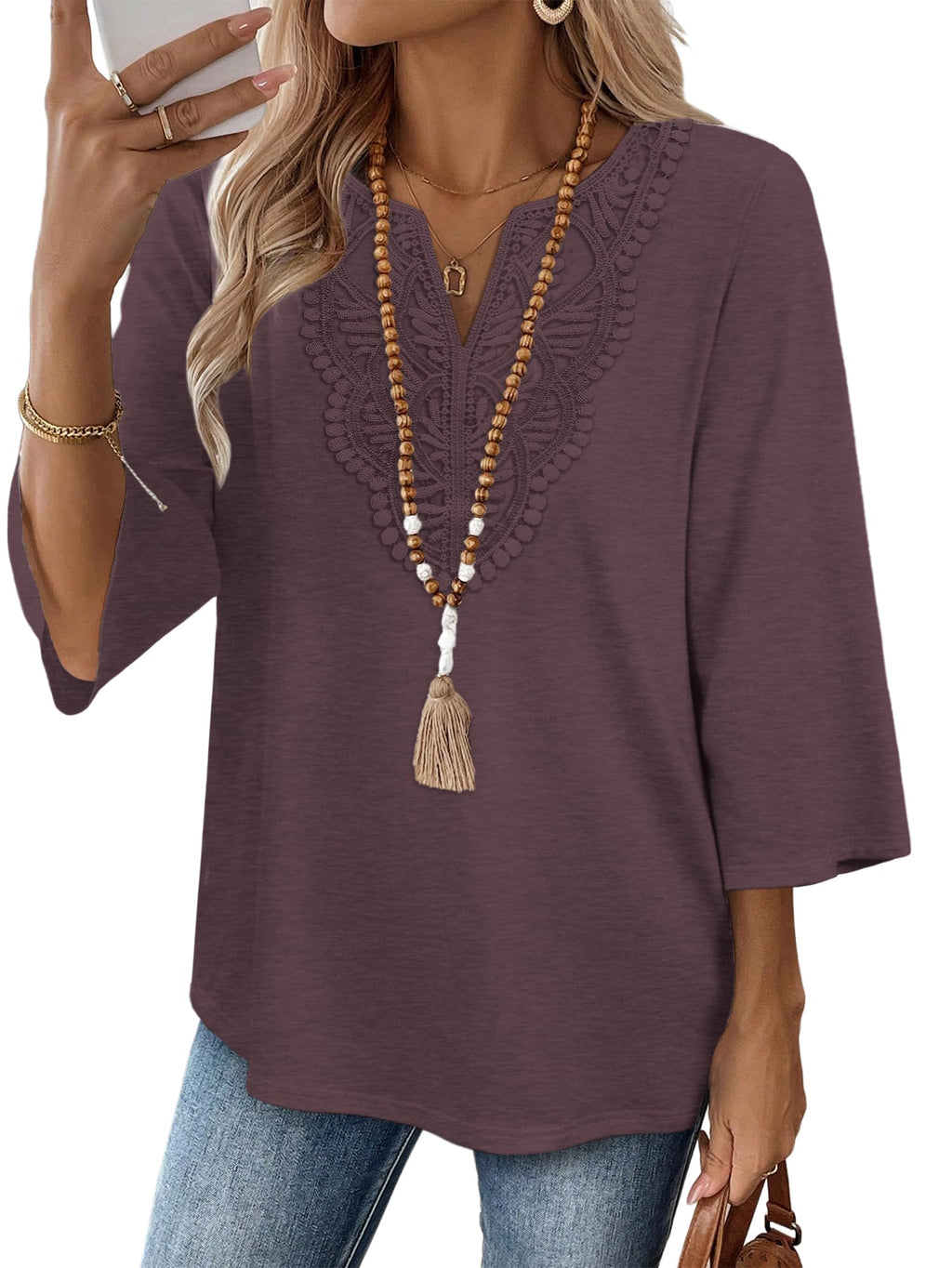 WIHOLL 3/4 Length Sleeve Womens Tops Boho V Neck Lace Shirt Trendy Blouses Dressy Casual Vacation Clothes S-3XL