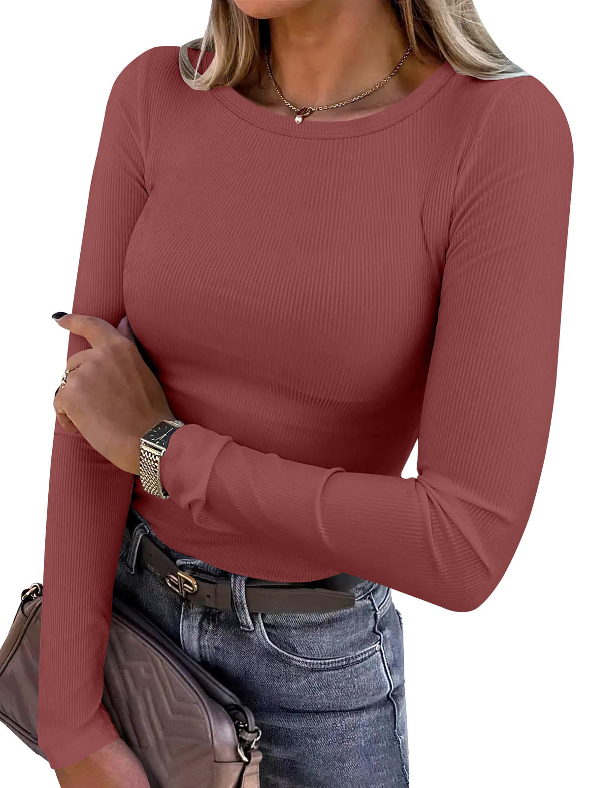 ANRABESS Women Long Sleeve Shirts Ribbed Fitted Tops