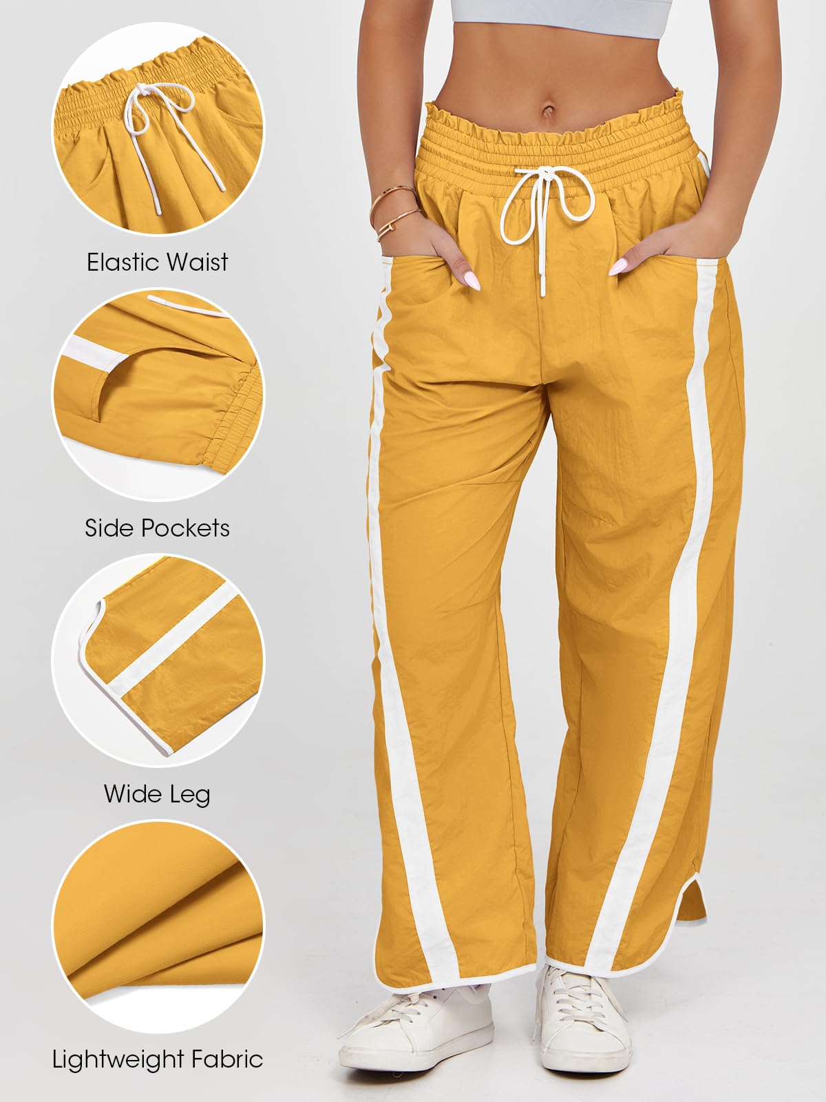 Fisoew Women's Baggy Wide Leg Pants Casual Drawstring Elastic Waisted Contrast Color Workout Y2K Track Pants