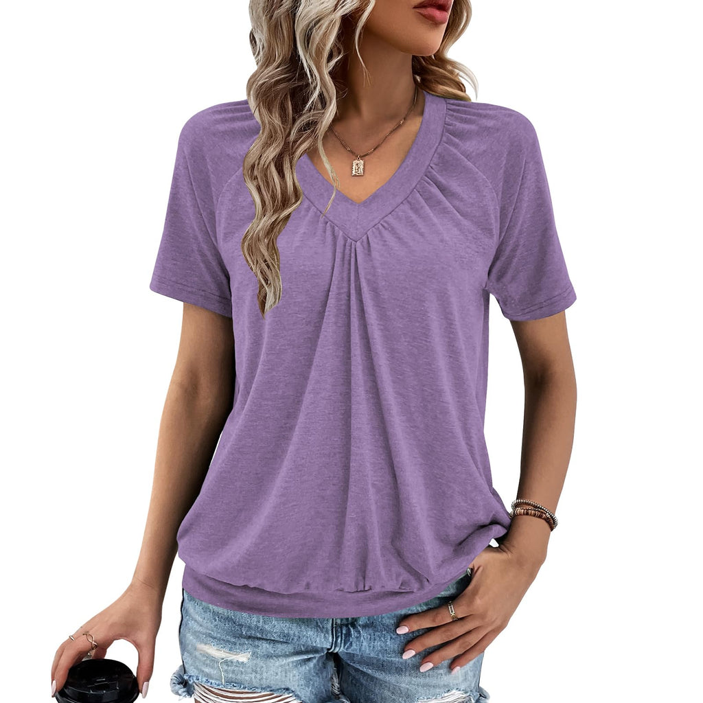 Gihgoew Summer Tops for Women 2025 Shorts Sleeve Womens Tops,V Neck Soft Casual Loose Fit Ruched Top T Shirts Tee Clothes