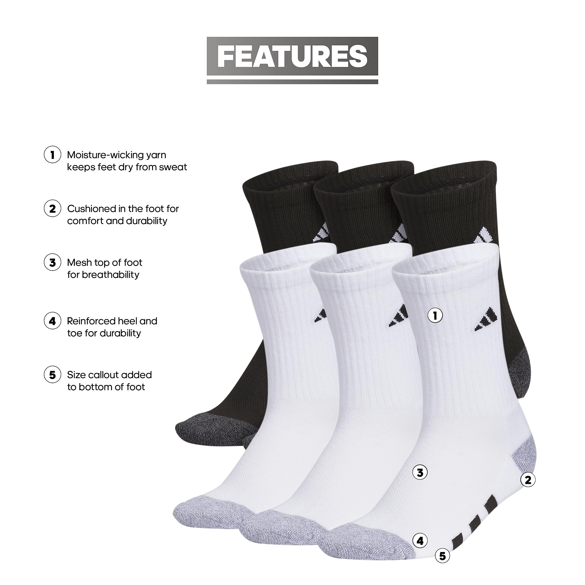 adidas Kids Athletic Cushioned Crew Socks 6 Pairs
