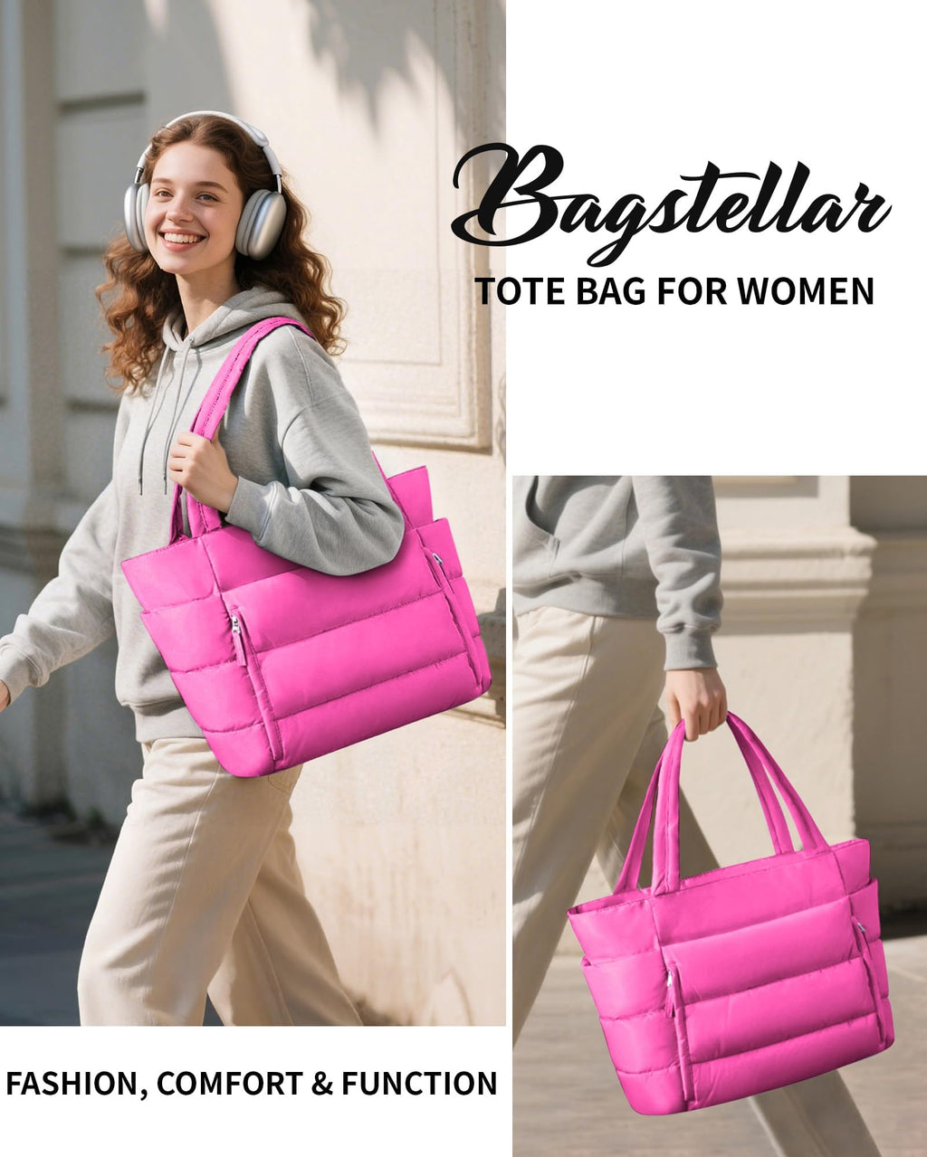 Bagstellar Puffer Tote Bag for Women, Lightweight Puffy Travel Gym Work Bag
