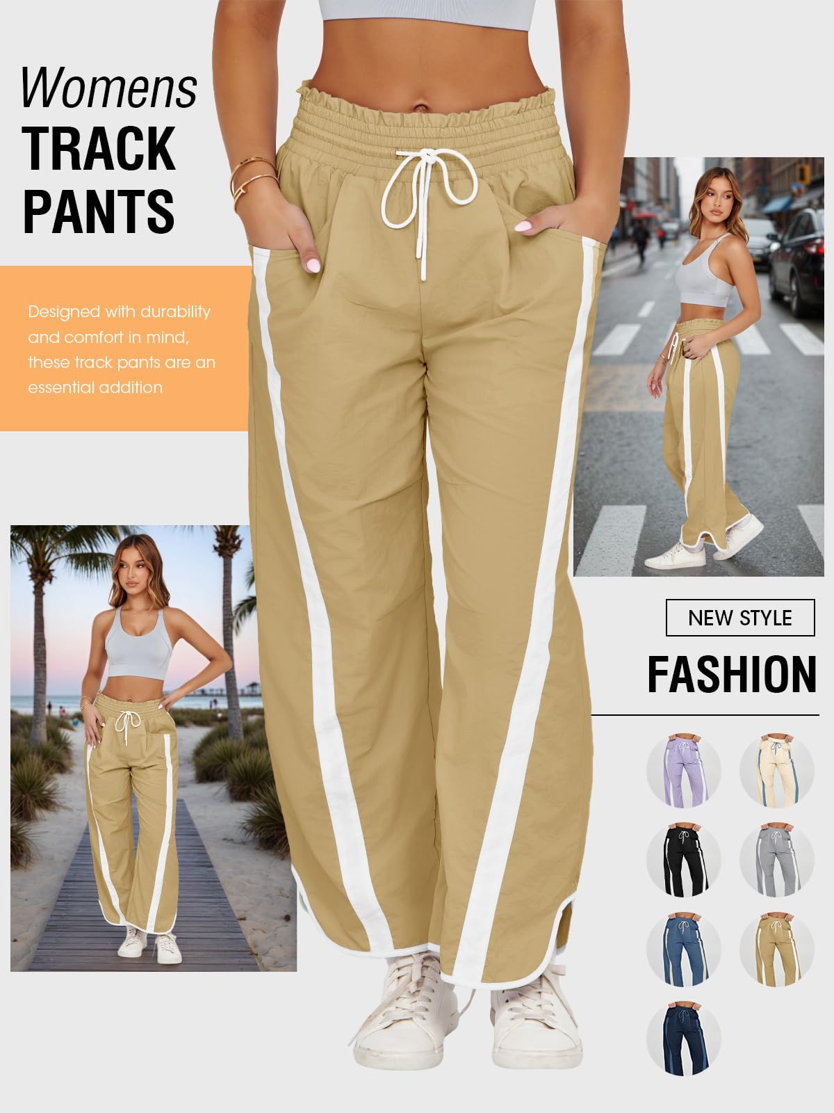 Fisoew Women's Baggy Wide Leg Pants Casual Drawstring Elastic Waisted Contrast Color Workout Y2K Track Pants