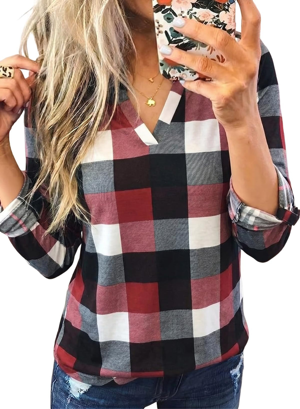 Dokotoo Womens Tops Plaid Cotton Cuffed 3/4 Sleeve Shirts Blouses