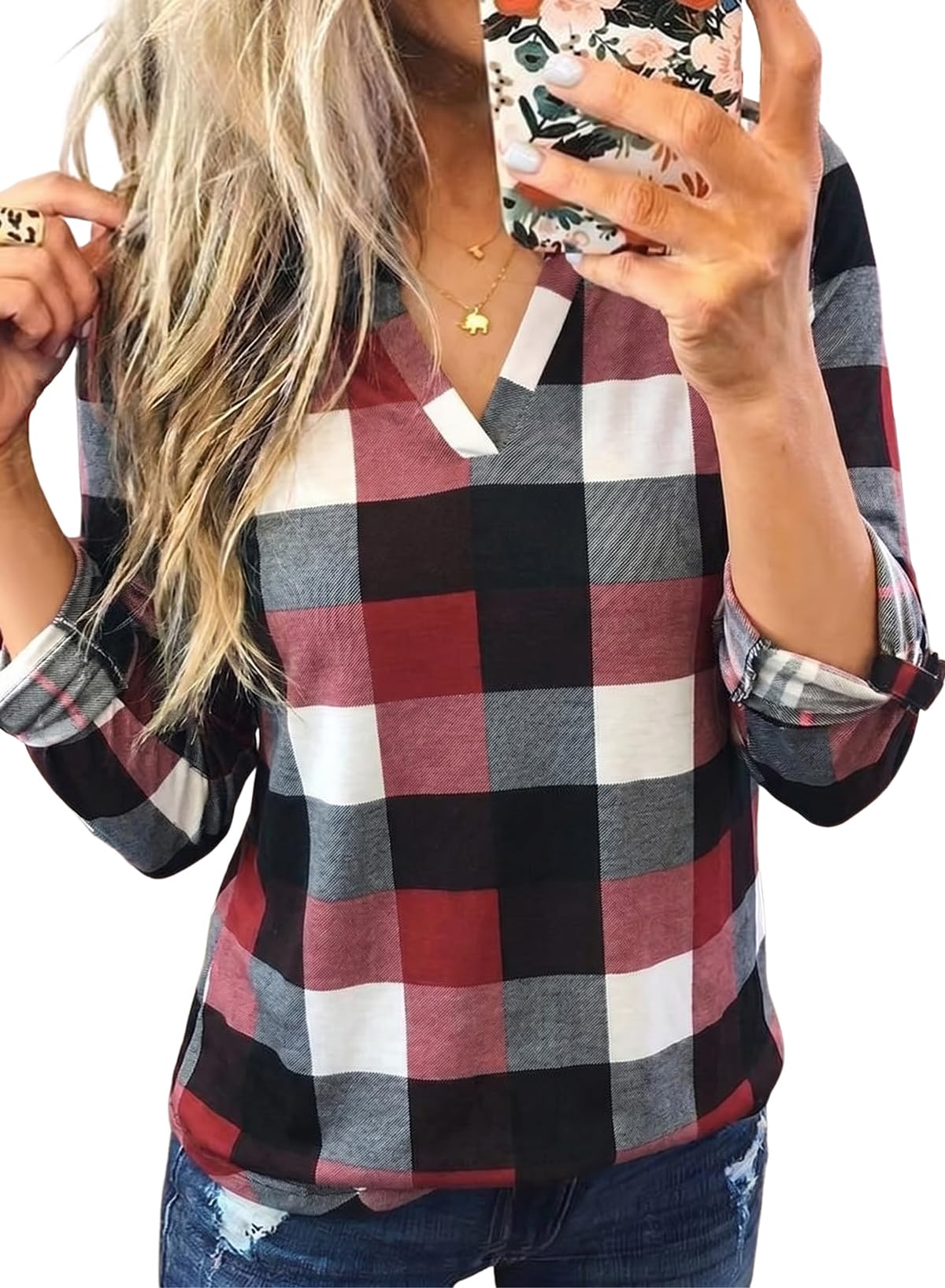 Dokotoo Womens Tops Plaid Cotton Cuffed 3/4 Sleeve Shirts Blouses