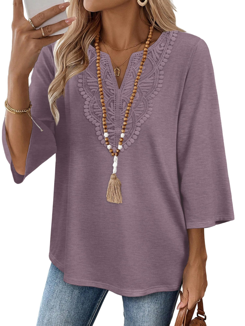 WIHOLL 3/4 Length Sleeve Womens Tops Boho V Neck Lace Shirt Trendy Blouses Dressy Casual Vacation Clothes S-3XL