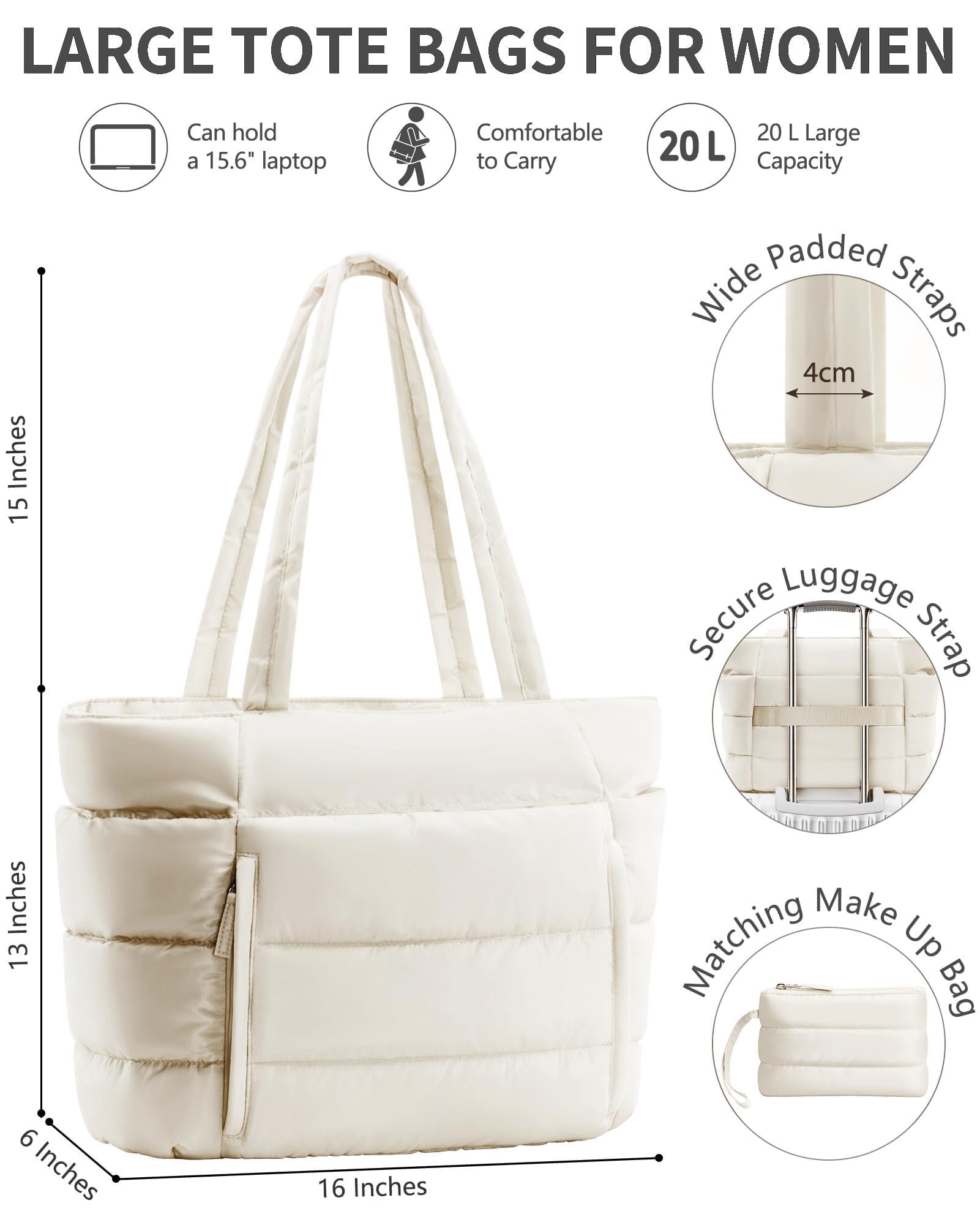 Bagstellar Puffer Tote Bag for Women, Lightweight Puffy Travel Gym Work Bag