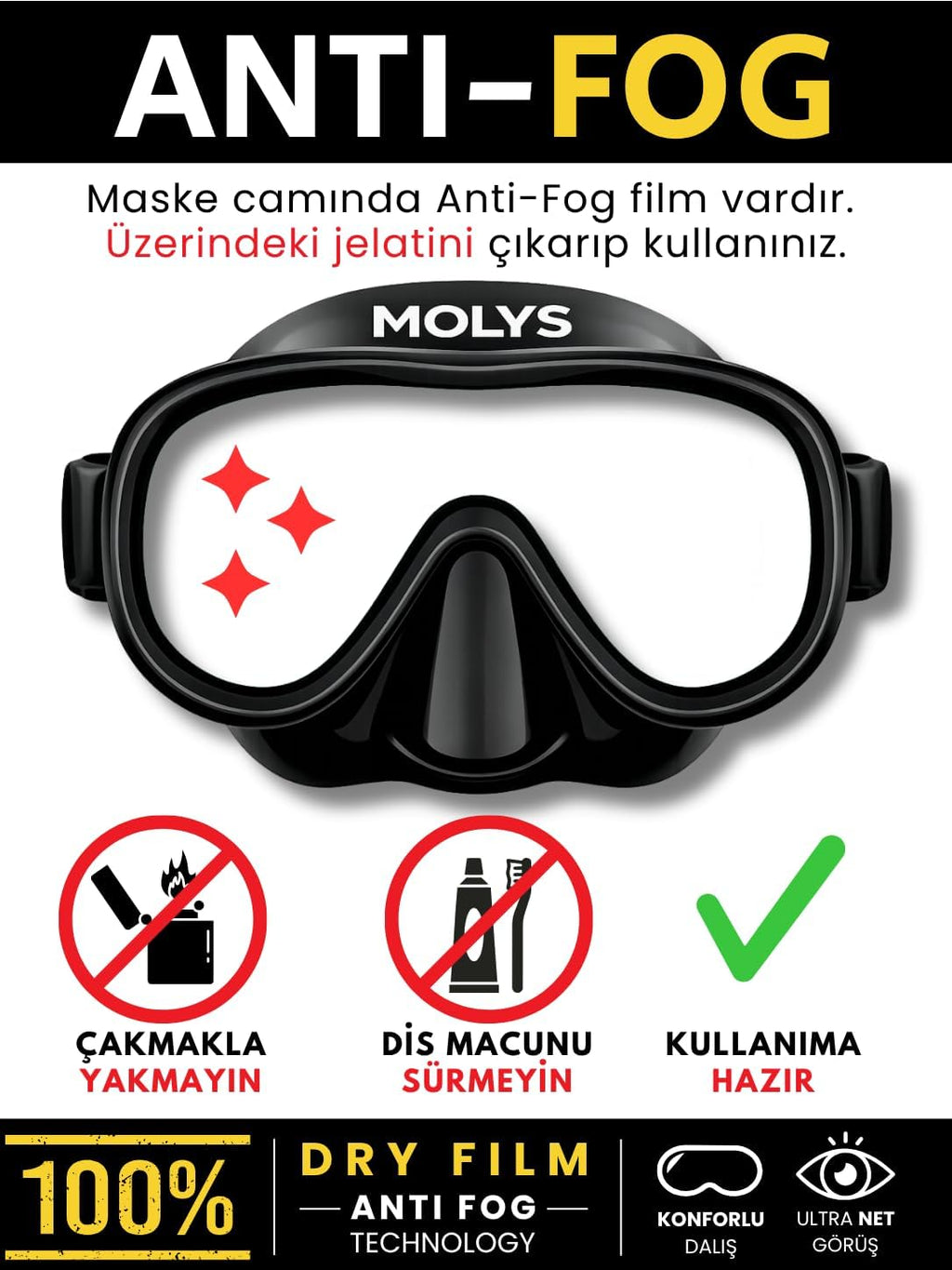 FOCUS DALIŞ MASKESİ + ANTI FOG (BUĞU ÖNLEYİCİ FİLM) + KATLANABİLİR ŞNORKEL + MASKE KUTUSU