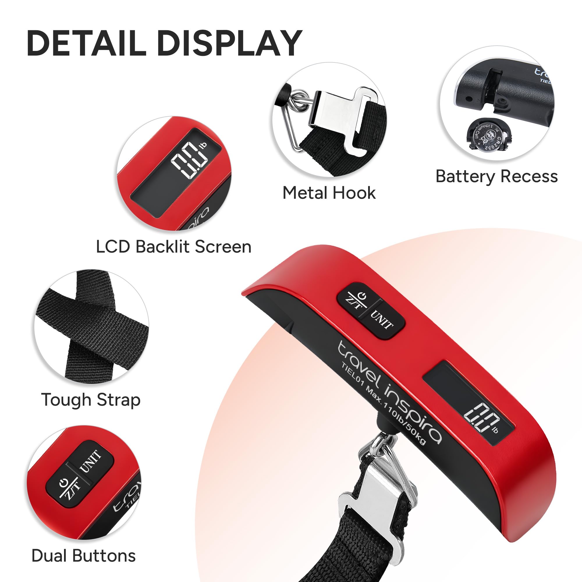 travel inspira Digital Luggage Scale – Portable Hanging Suitcase Weight Scale for Travel, 110 lb Capacity, Backlit LCD Display, Prevents Airport Overweight Fees, Battery Included
