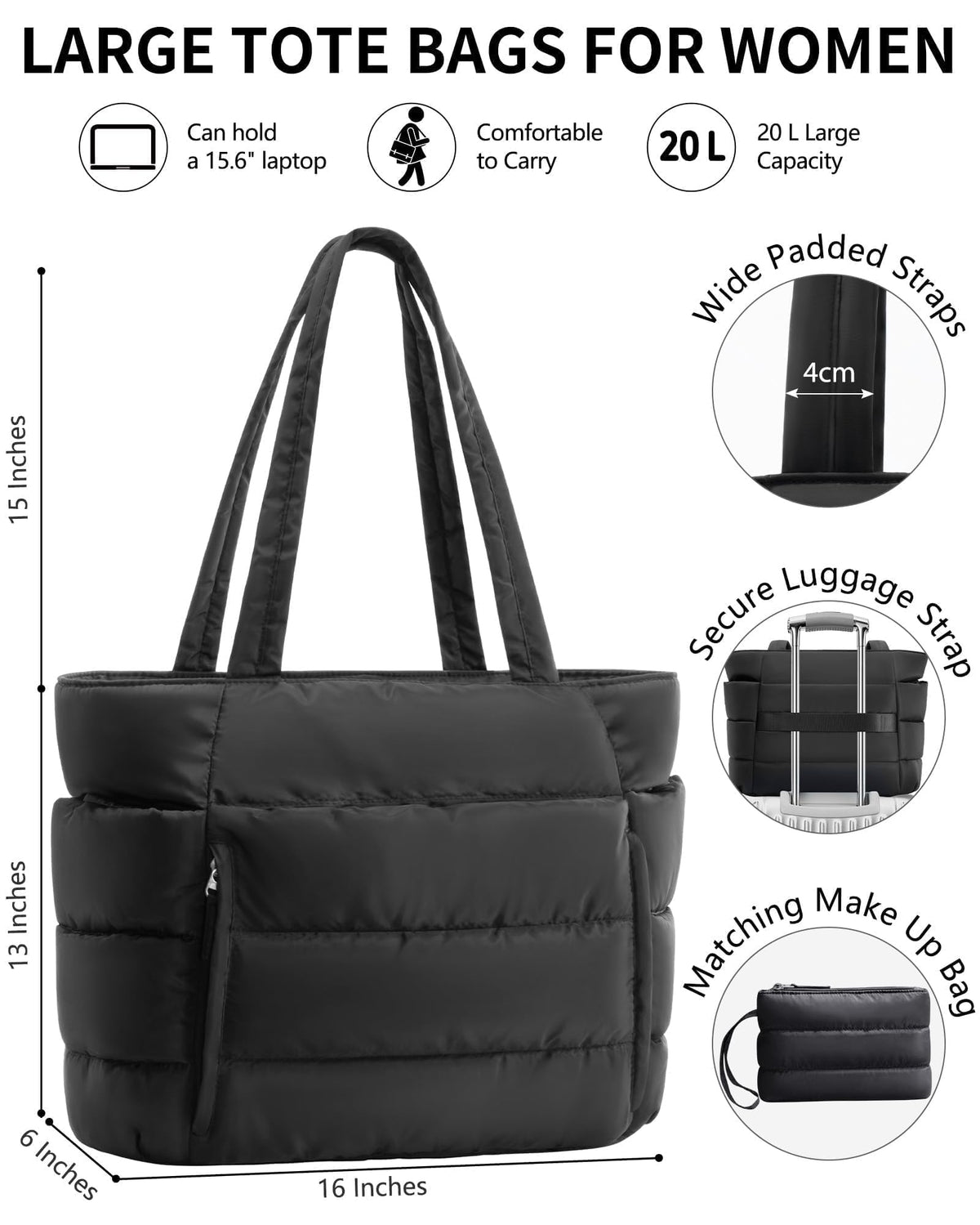 Bagstellar Puffer Tote Bag for Women, Lightweight Puffy Travel Gym Work Bag