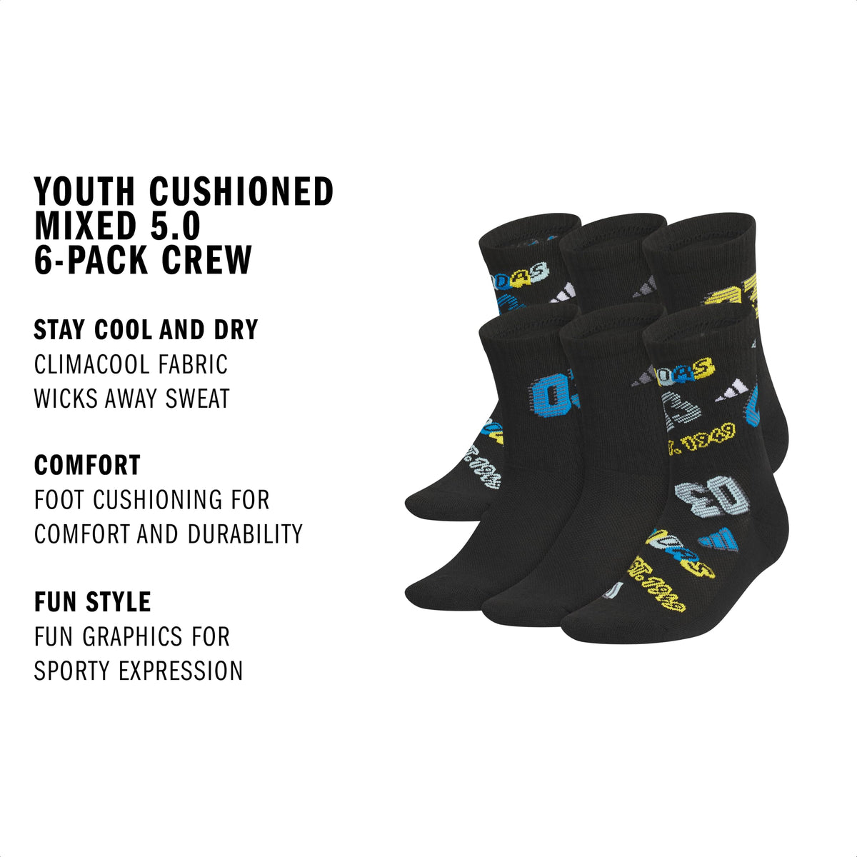 adidas Kids Athletic Cushioned Crew Socks 6 Pairs