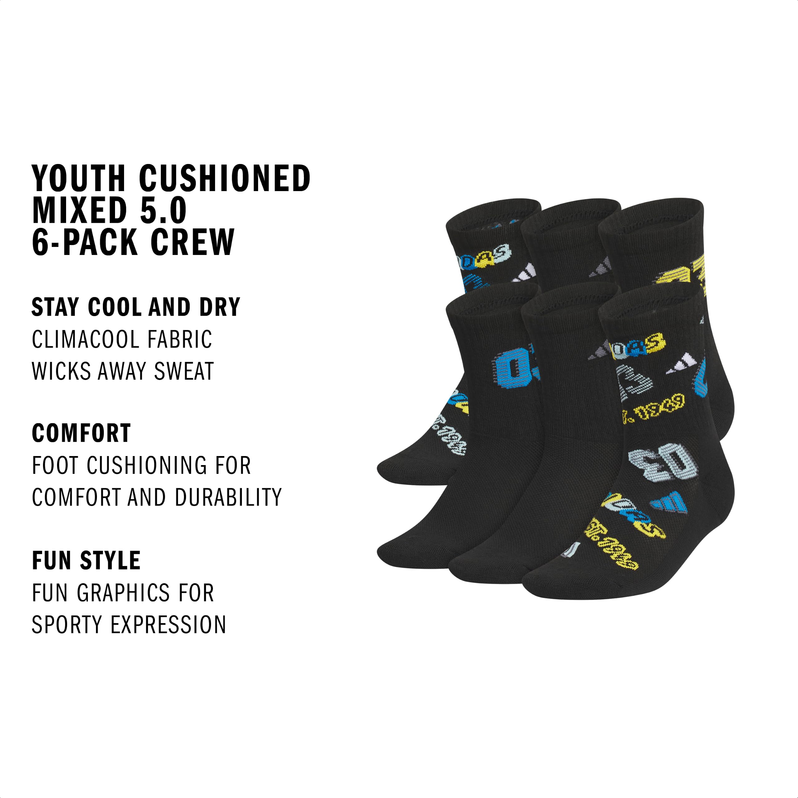 adidas Kids Athletic Cushioned Crew Socks 6 Pairs