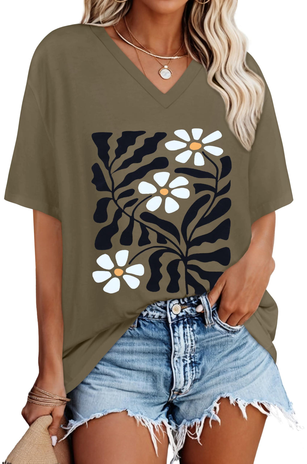 Oversized Tshirts for Women Graphic V Neck Short Sleeve Summer Casual Tops