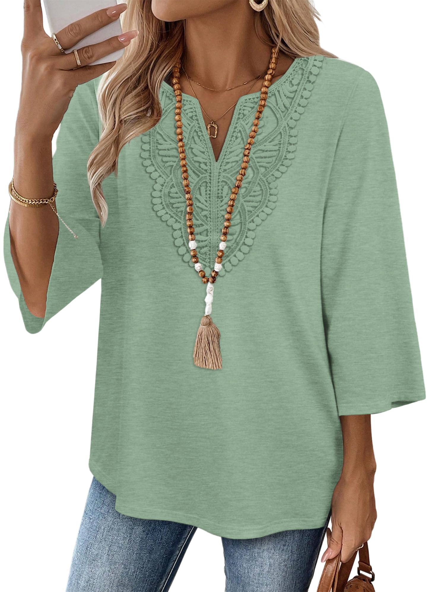 WIHOLL 3/4 Length Sleeve Womens Tops Boho V Neck Lace Shirt Trendy Blouses Dressy Casual Vacation Clothes S-3XL