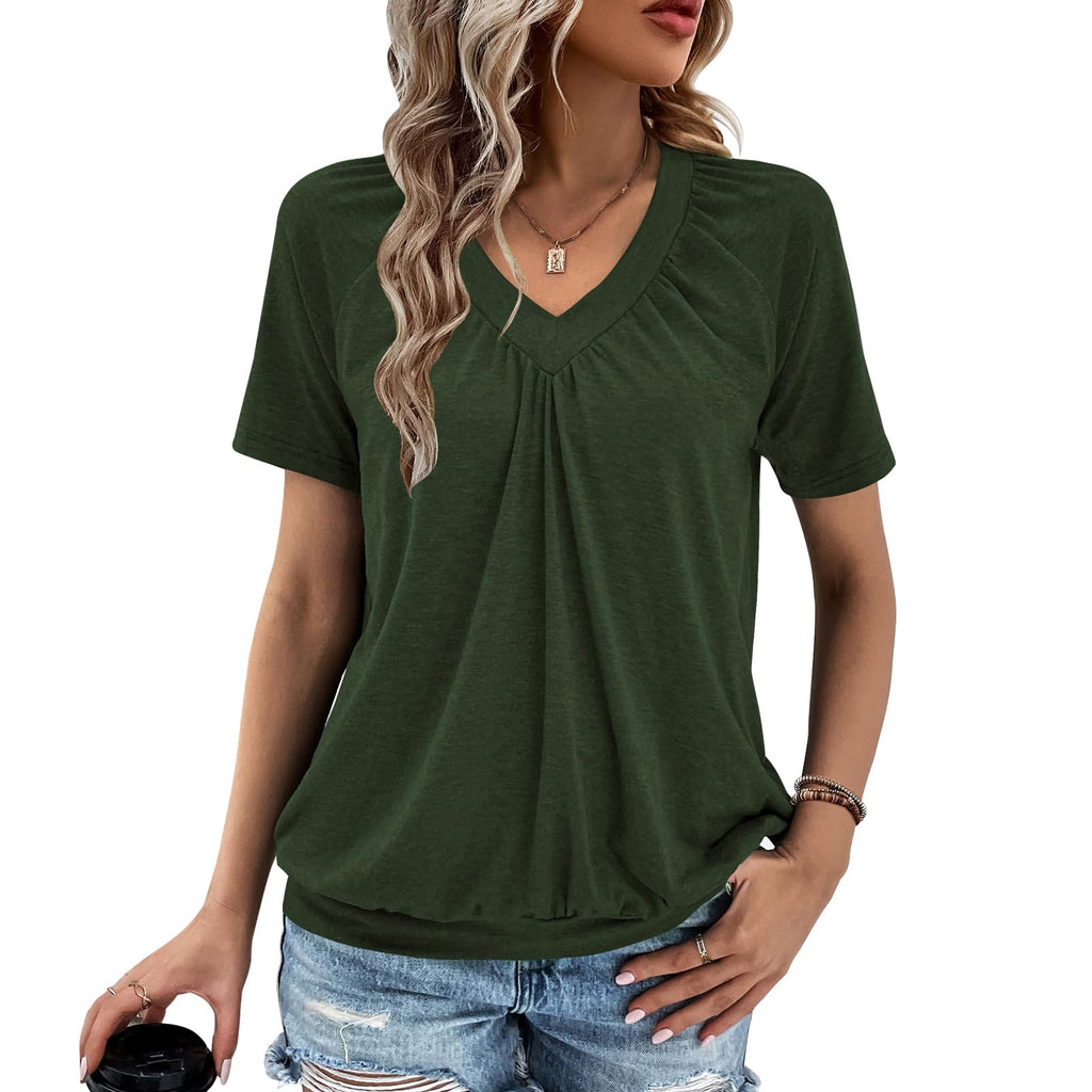 Gihgoew Summer Tops for Women 2025 Shorts Sleeve Womens Tops,V Neck Soft Casual Loose Fit Ruched Top T Shirts Tee Clothes