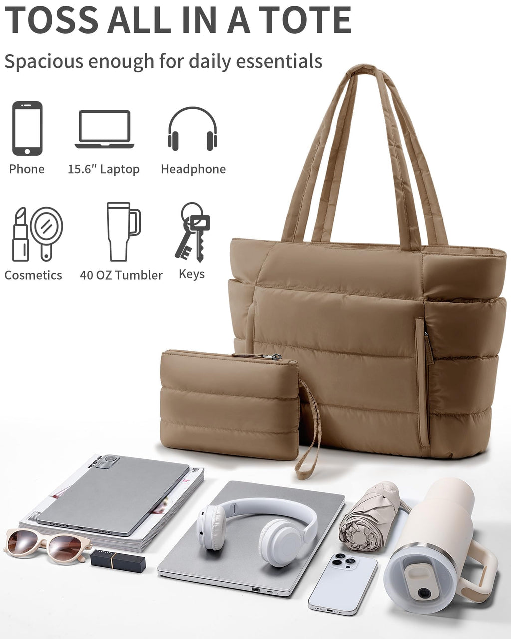 Bagstellar Puffer Tote Bag for Women, Lightweight Puffy Travel Gym Work Bag