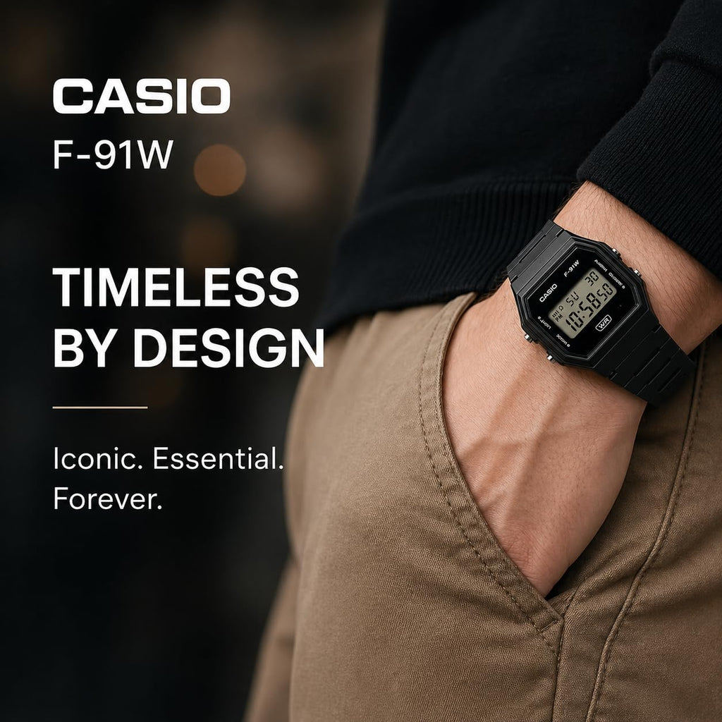 Casio F91W Series | Digital Watch | Water Resistant | LED Light | 1/100 SEC Stopwatch | Regular Time Keeping (HR, Min, SEC, PM, Date, Day) | Daily Alarm | Lightweight | 7 Year Battery