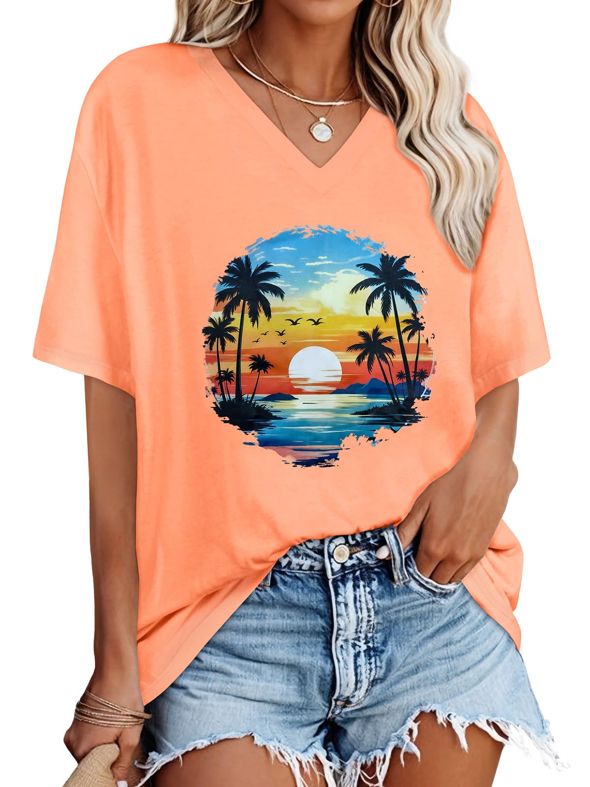 Oversized Tshirts for Women Graphic V Neck Short Sleeve Summer Casual Tops