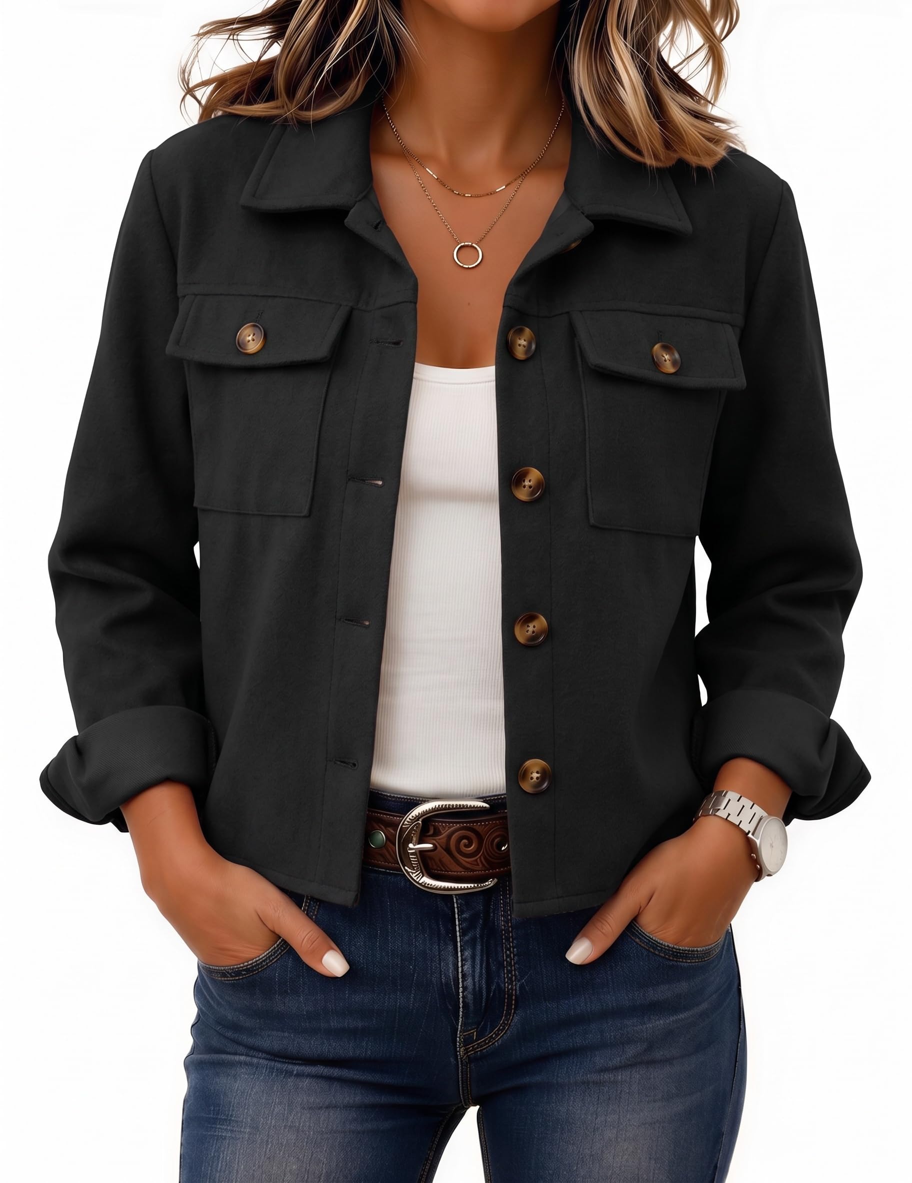 Zeagoo Flannels for Women Cropped Shacket Jacket Fashion Plaid Fall Coat
