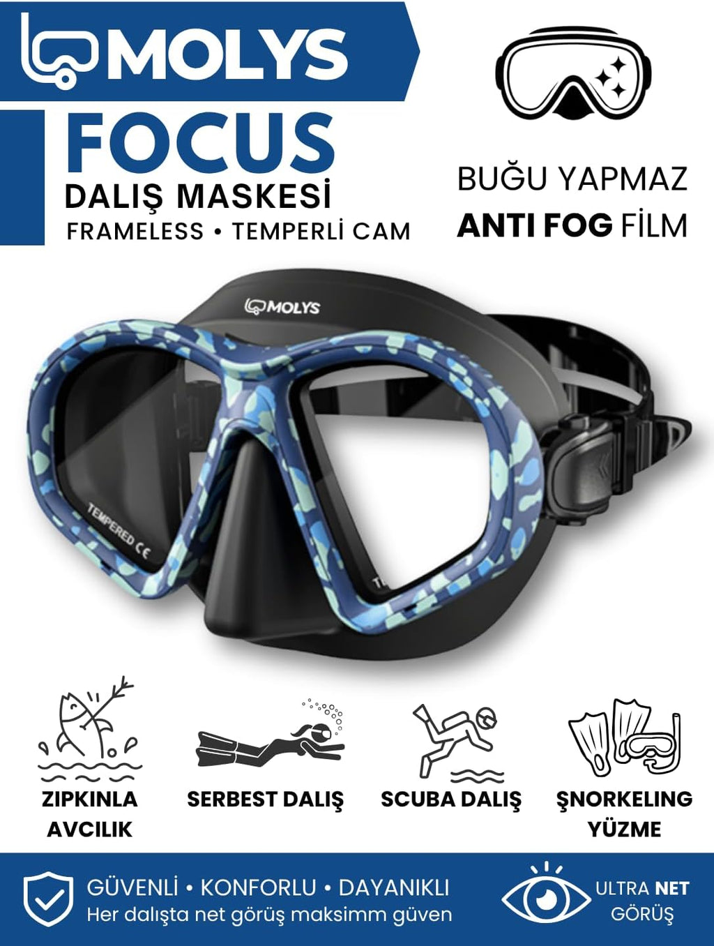 FOCUS DALIŞ MASKESİ + ANTI FOG (BUĞU ÖNLEYİCİ FİLM) + KATLANABİLİR ŞNORKEL + MASKE KUTUSU