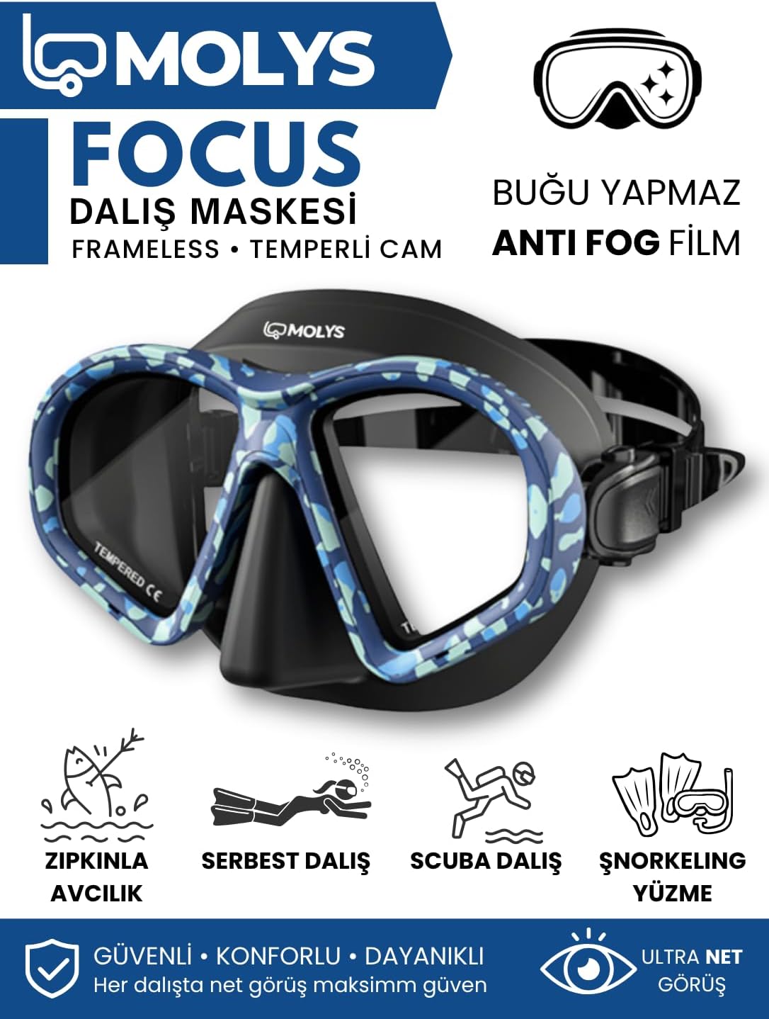 FOCUS DALIŞ MASKESİ + ANTI FOG (BUĞU ÖNLEYİCİ FİLM) + KATLANABİLİR ŞNORKEL + MASKE KUTUSU