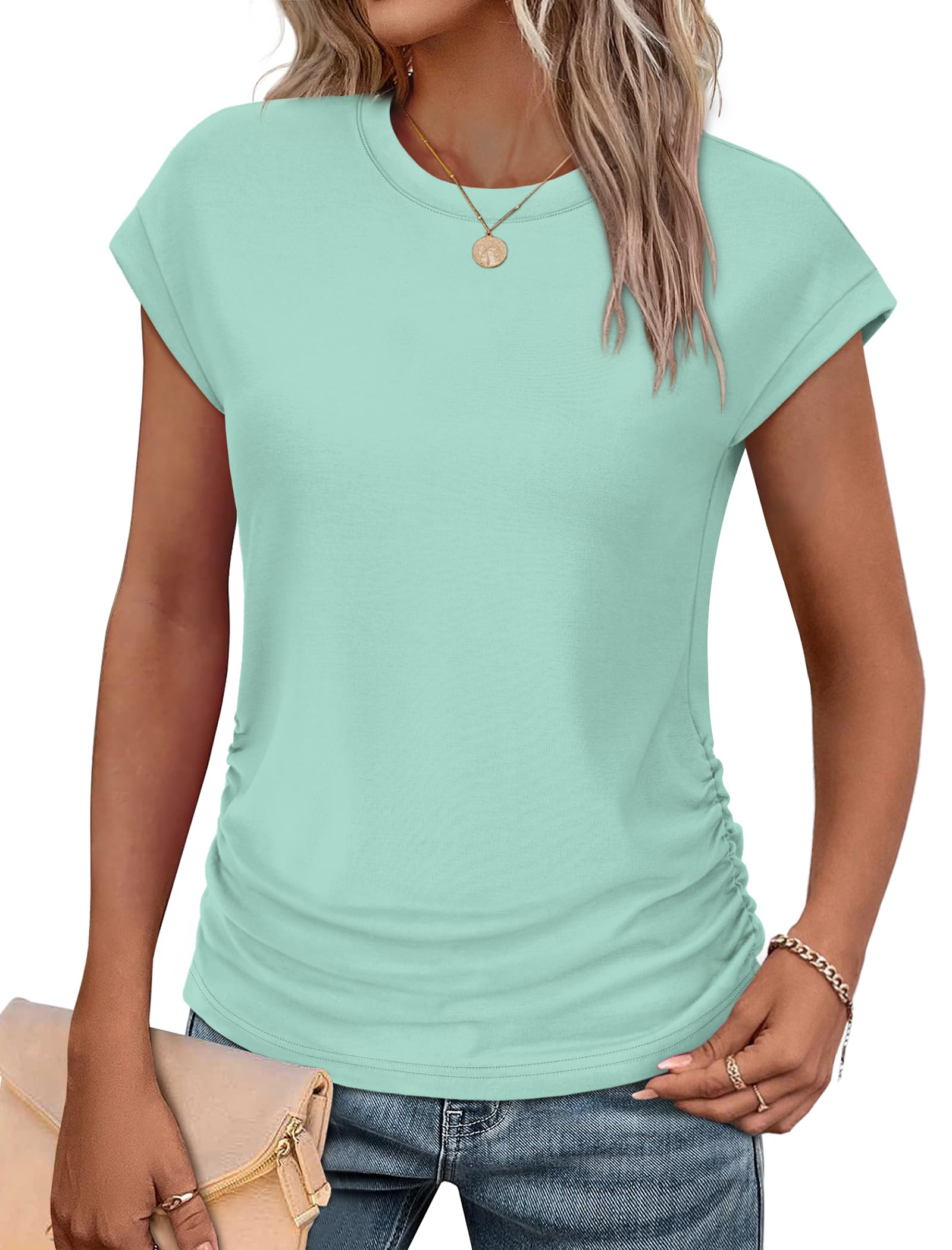 Sampeel Womens Summer Tops Trendy 2026 Ruched Cap Short Sleeve Tshirts Shirts Crew Neck T Shirts Fashion