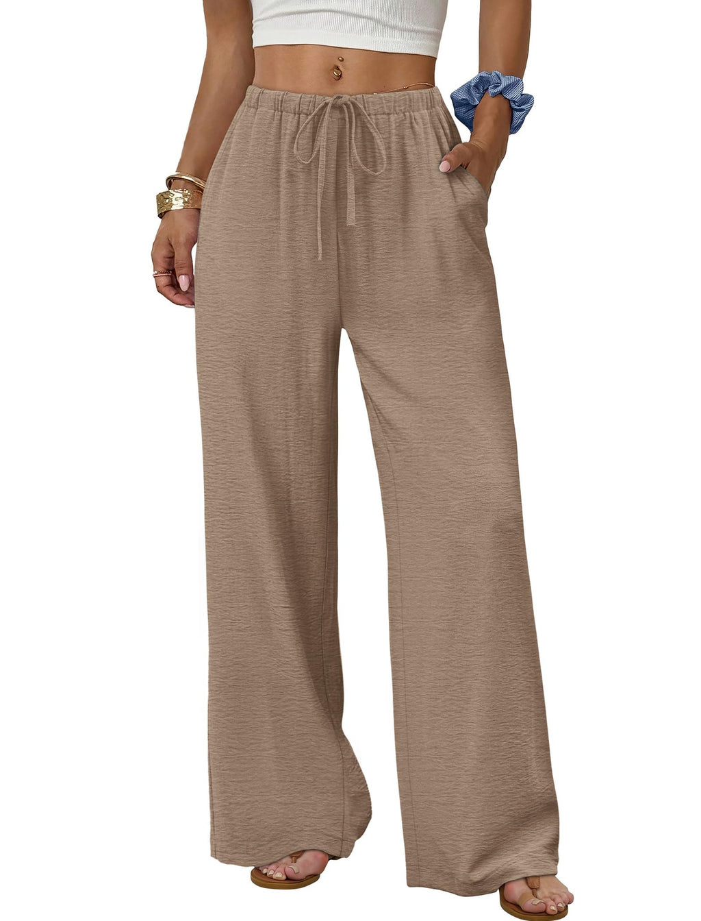 Sampeel Wide Leg Pants for Women Flowy Palazzo Drawstring Elastic Waist Trousers with Pockets Summer Beach Vacation Clothes