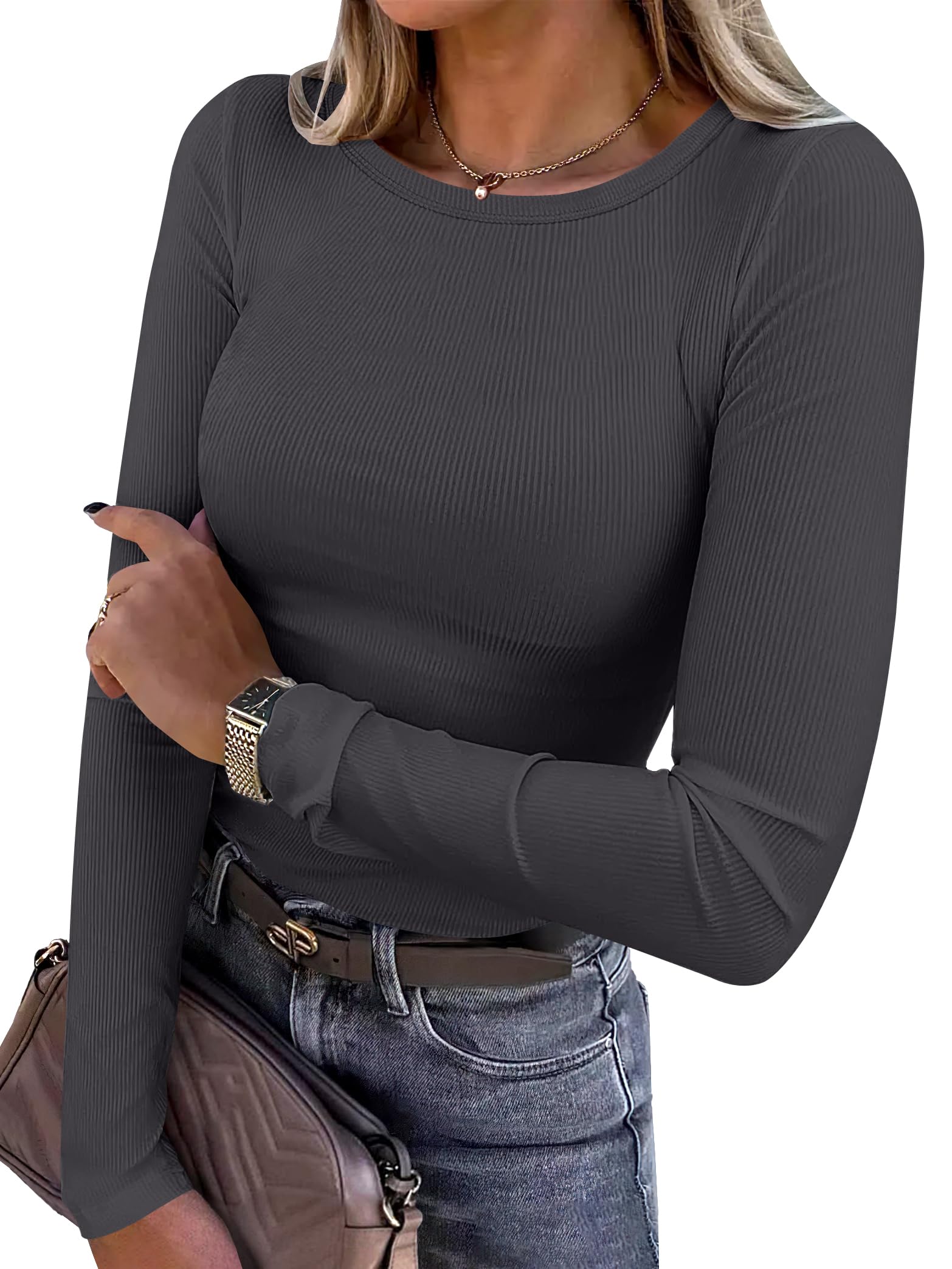 ANRABESS Women Long Sleeve Shirts Ribbed Fitted Tops