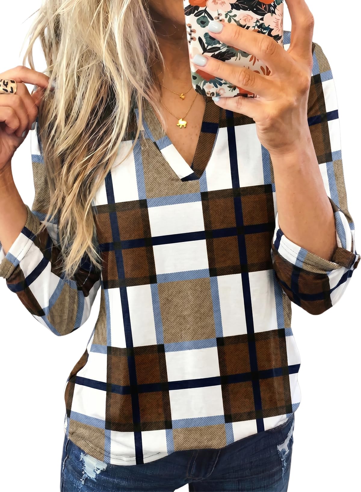 Dokotoo Womens Tops Plaid Cotton Cuffed 3/4 Sleeve Shirts Blouses