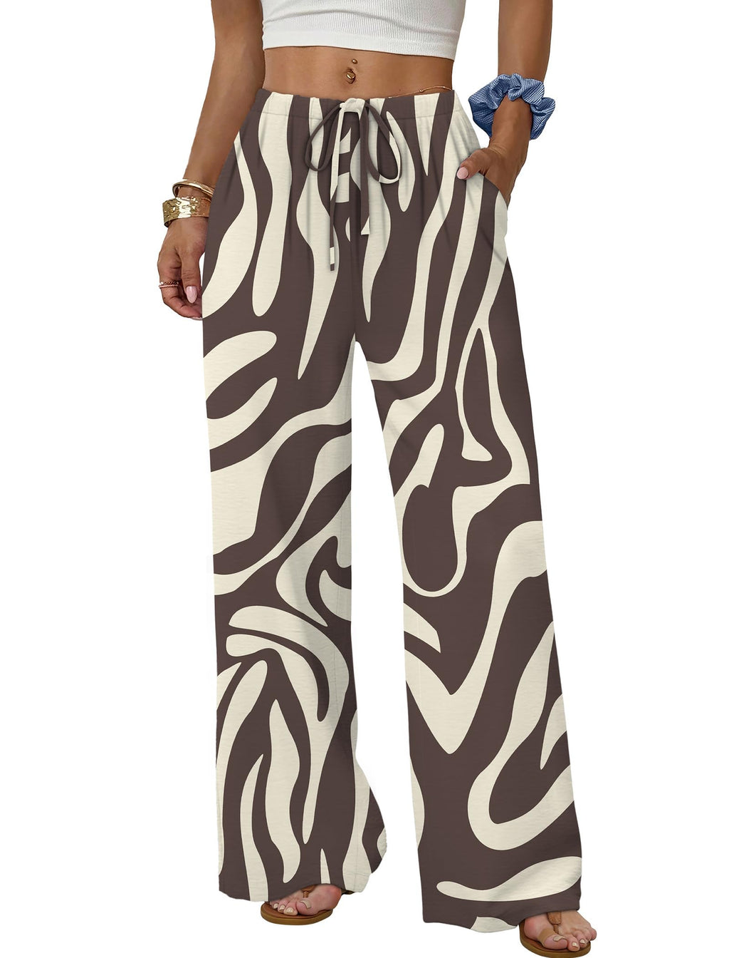 Sampeel Wide Leg Pants for Women Flowy Palazzo Drawstring Elastic Waist Trousers with Pockets Summer Beach Vacation Clothes