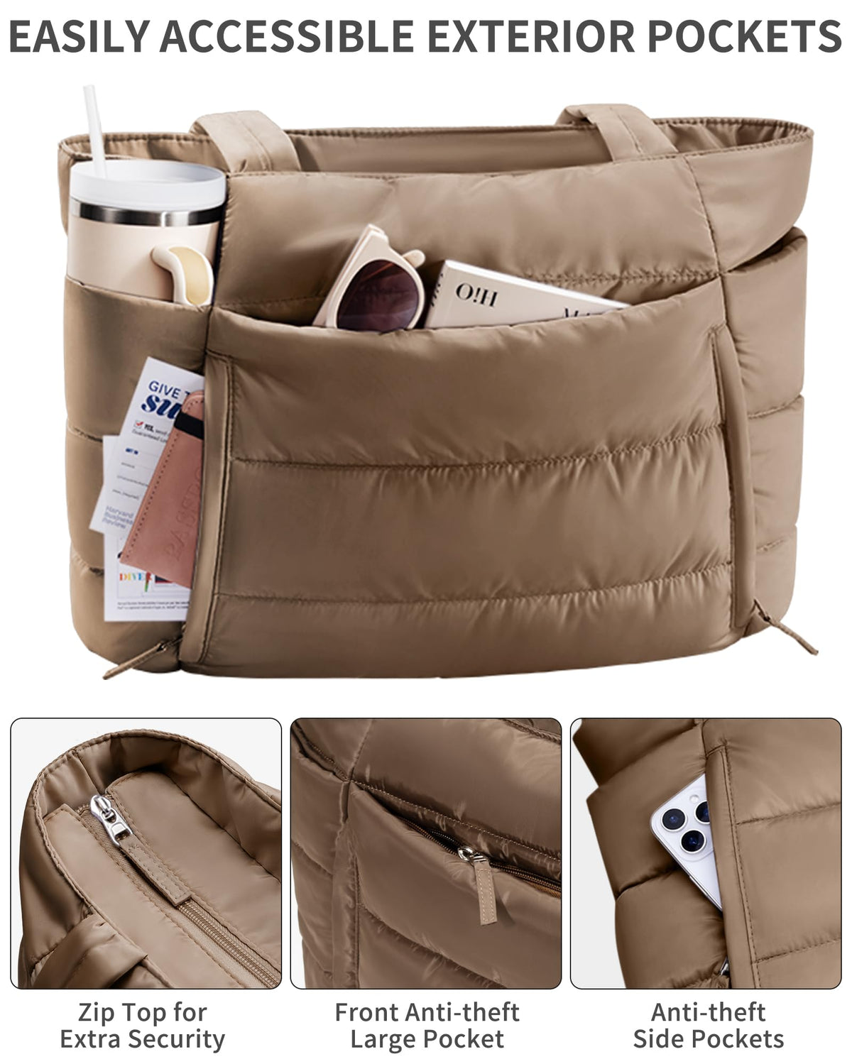 Bagstellar Puffer Tote Bag for Women, Lightweight Puffy Travel Gym Work Bag