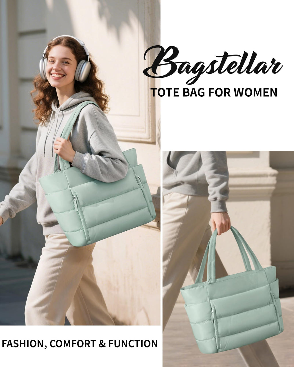 Bagstellar Puffer Tote Bag for Women, Lightweight Puffy Travel Gym Work Bag