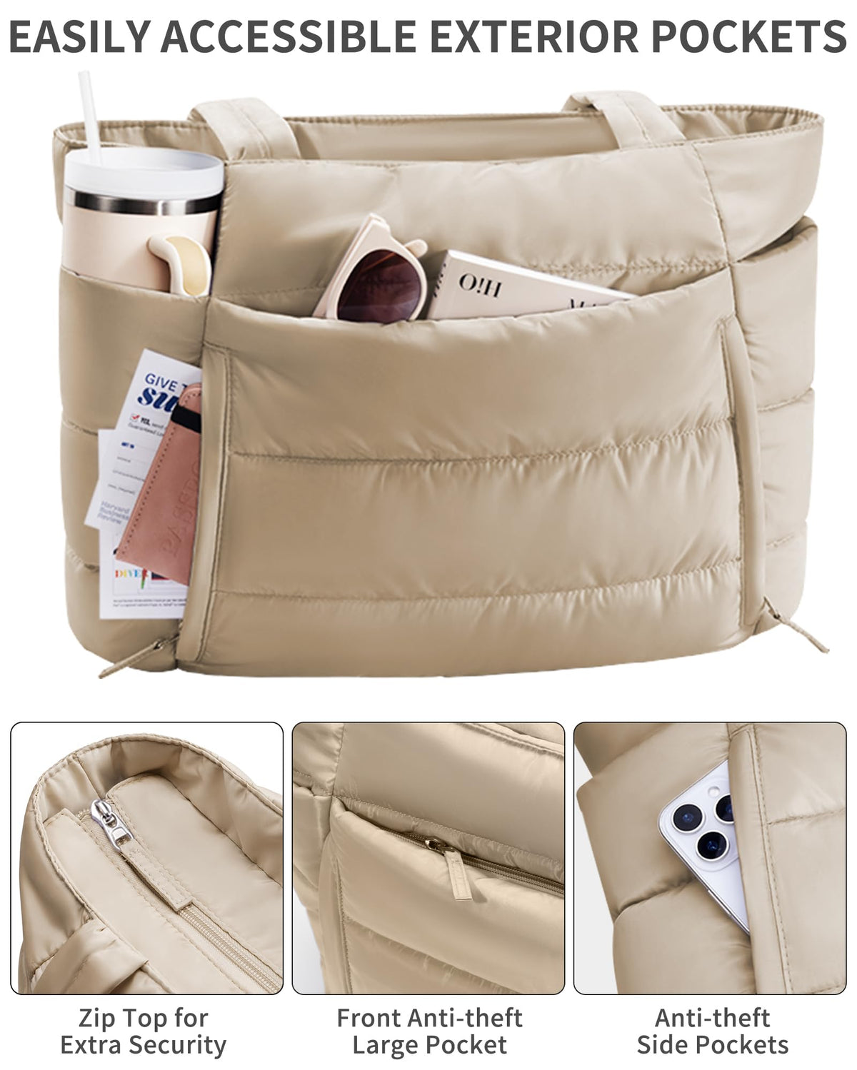 Bagstellar Puffer Tote Bag for Women, Lightweight Puffy Travel Gym Work Bag