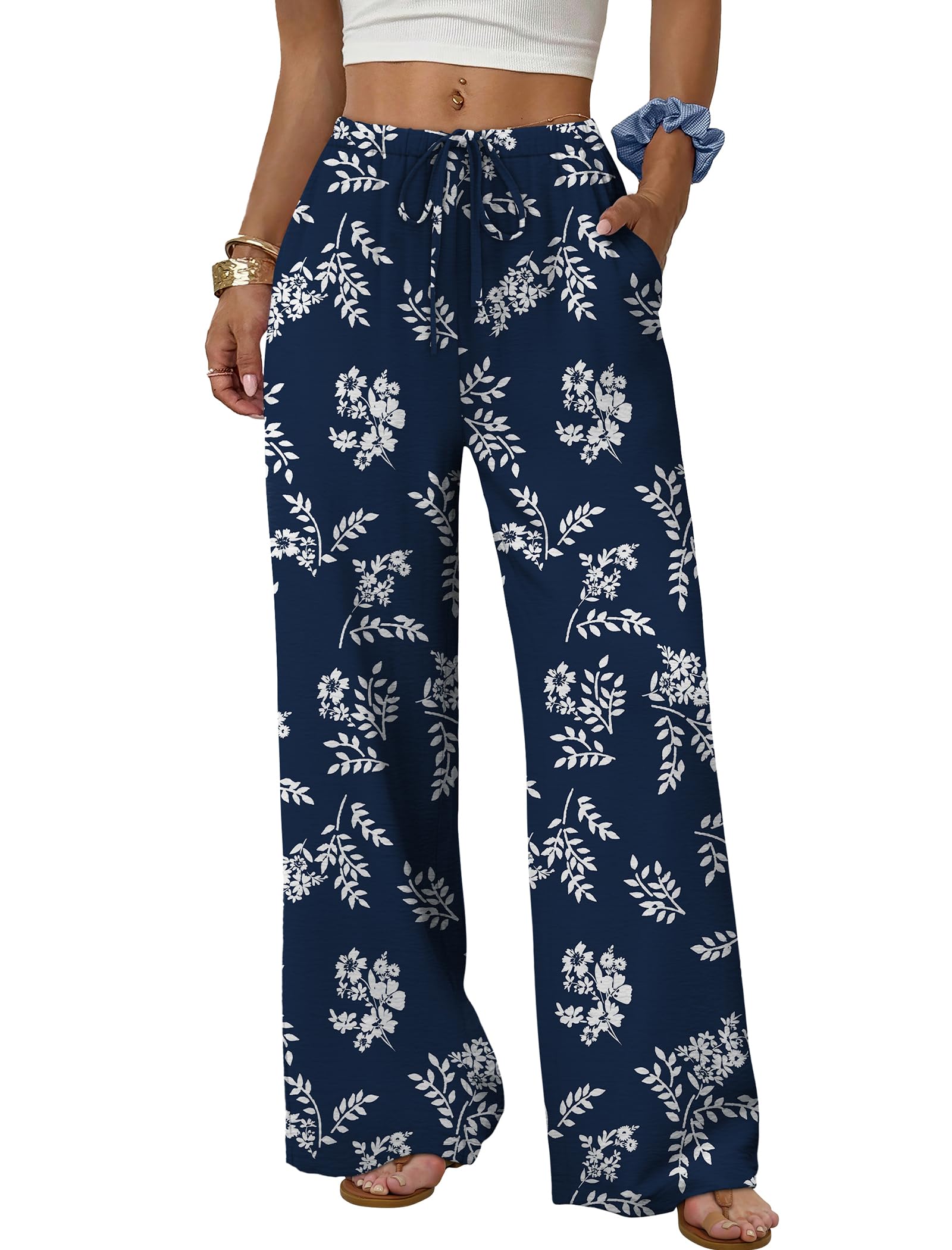 Sampeel Wide Leg Pants for Women Flowy Palazzo Drawstring Elastic Waist Trousers with Pockets Summer Beach Vacation Clothes