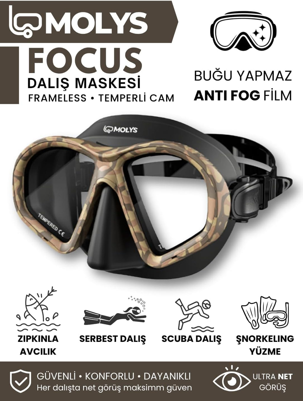FOCUS DALIŞ MASKESİ + ANTI FOG (BUĞU ÖNLEYİCİ FİLM) + KATLANABİLİR ŞNORKEL + MASKE KUTUSU