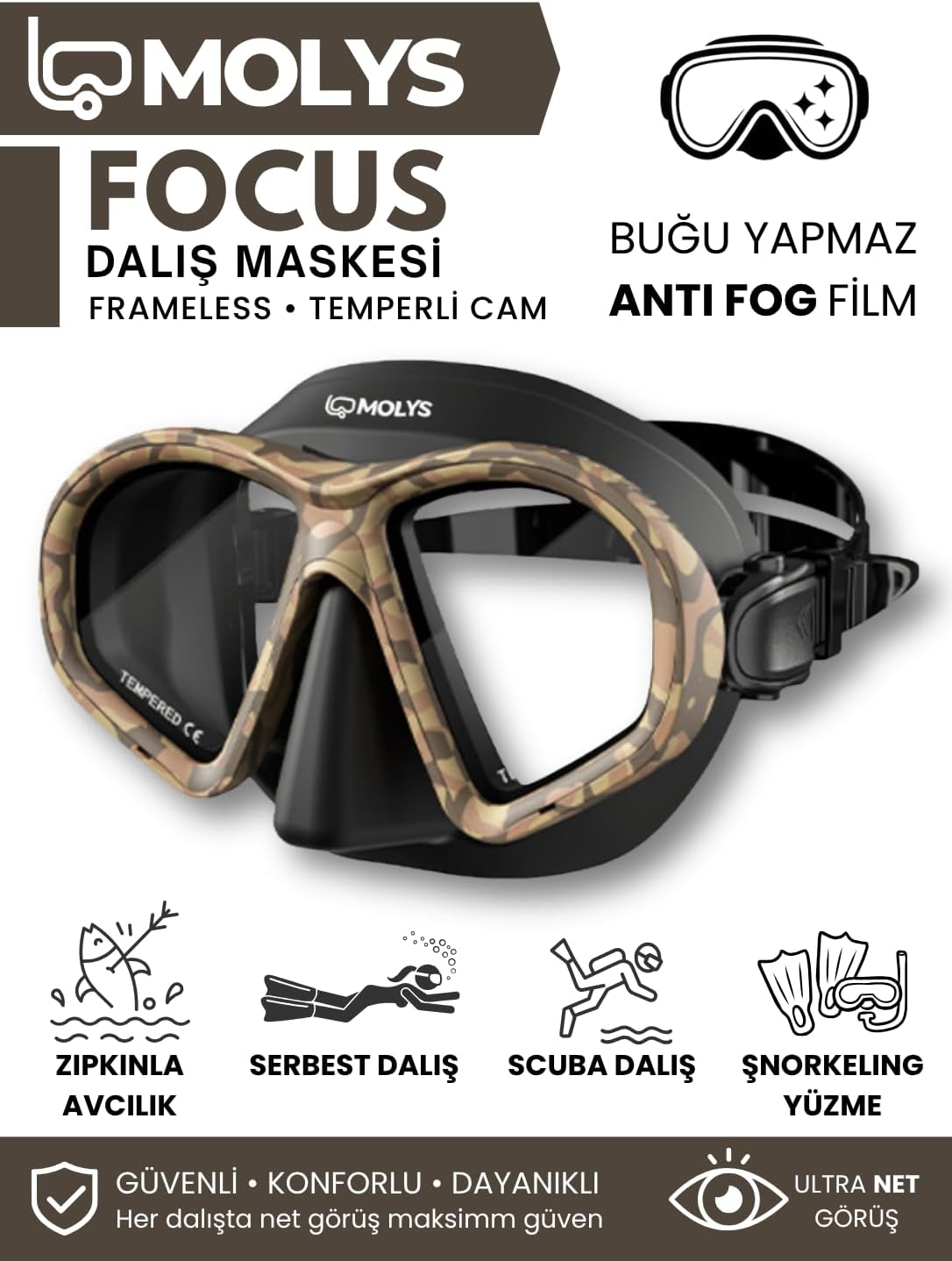 FOCUS DALIŞ MASKESİ + ANTI FOG (BUĞU ÖNLEYİCİ FİLM) + KATLANABİLİR ŞNORKEL + MASKE KUTUSU