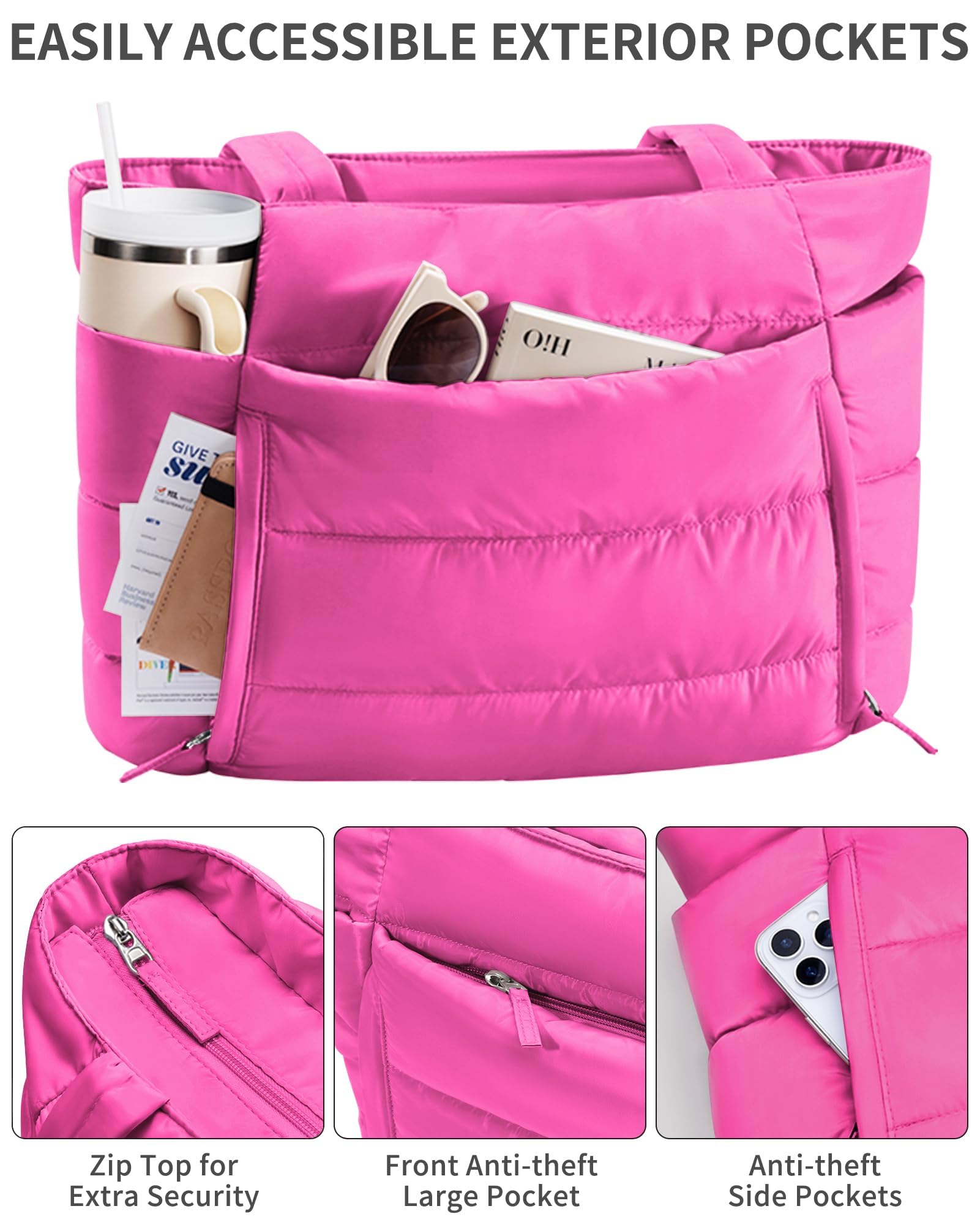 Bagstellar Puffer Tote Bag for Women, Lightweight Puffy Travel Gym Work Bag