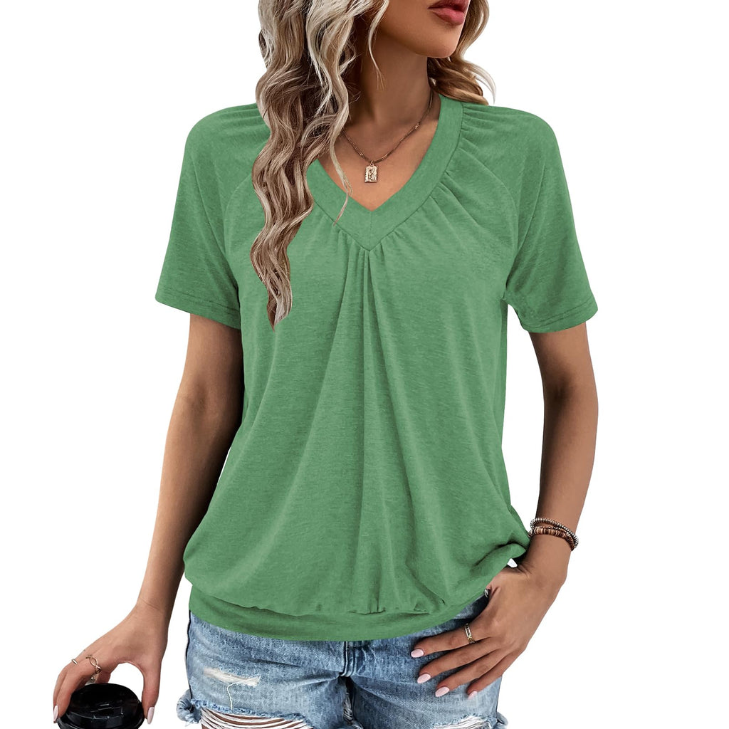 Gihgoew Summer Tops for Women 2025 Shorts Sleeve Womens Tops,V Neck Soft Casual Loose Fit Ruched Top T Shirts Tee Clothes