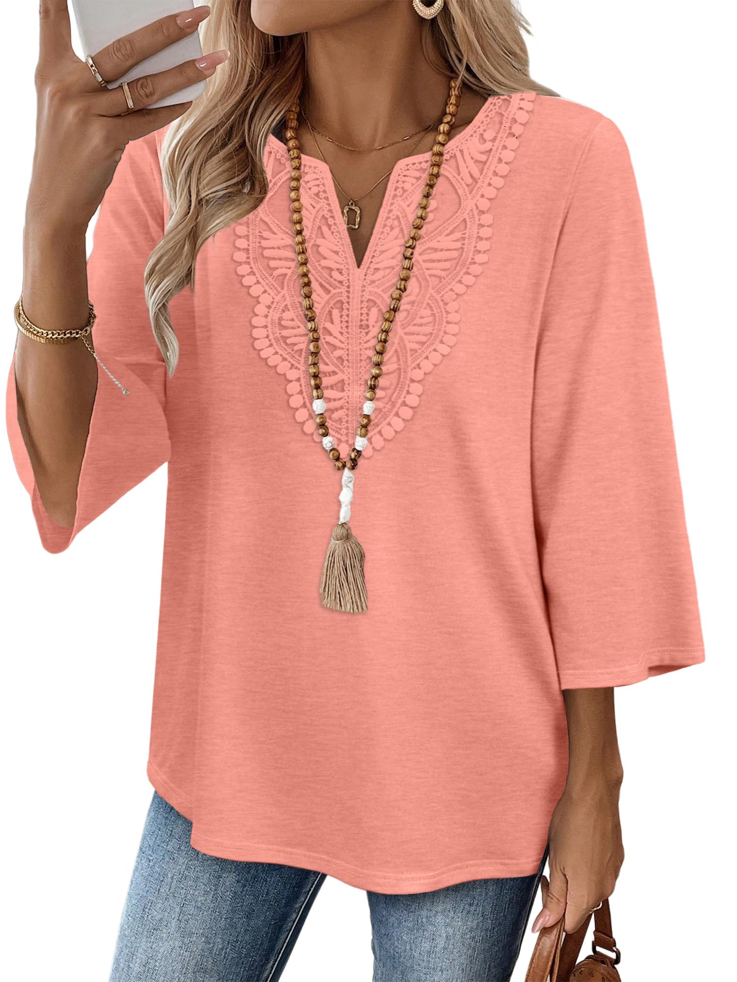 WIHOLL 3/4 Length Sleeve Womens Tops Boho V Neck Lace Shirt Trendy Blouses Dressy Casual Vacation Clothes S-3XL