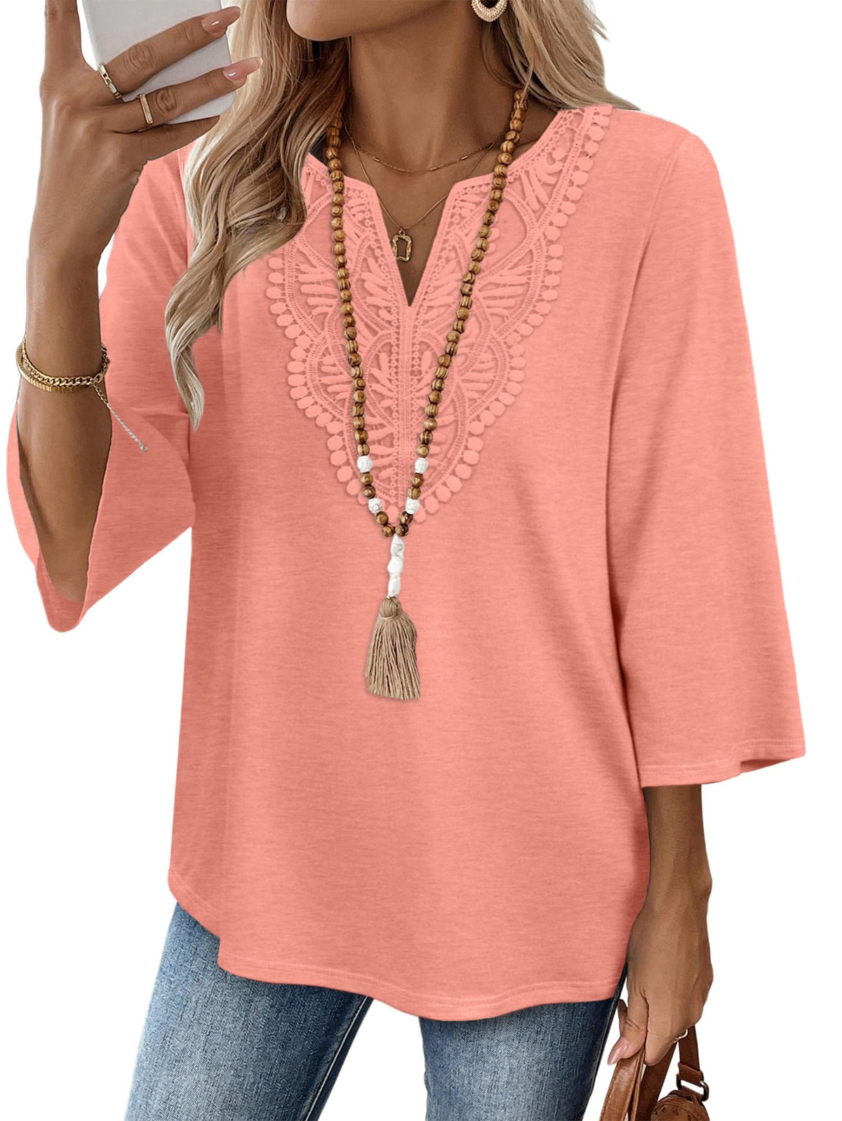 WIHOLL 3/4 Length Sleeve Womens Tops Boho V Neck Lace Shirt Trendy Blouses Dressy Casual Vacation Clothes S-3XL