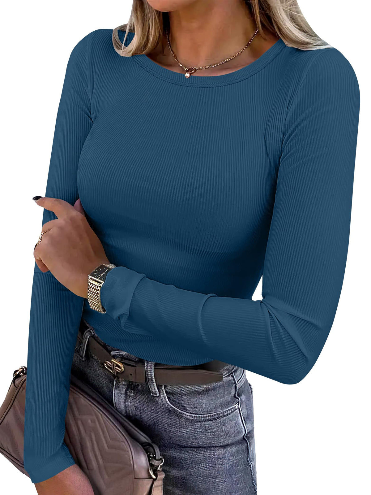 ANRABESS Women Long Sleeve Shirts Ribbed Fitted Tops